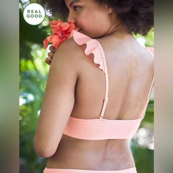 Aerie Ruffle Longline Bikini Top Women's Size Small Neon Peach Striped Swimsuit - Picture 9 of 12